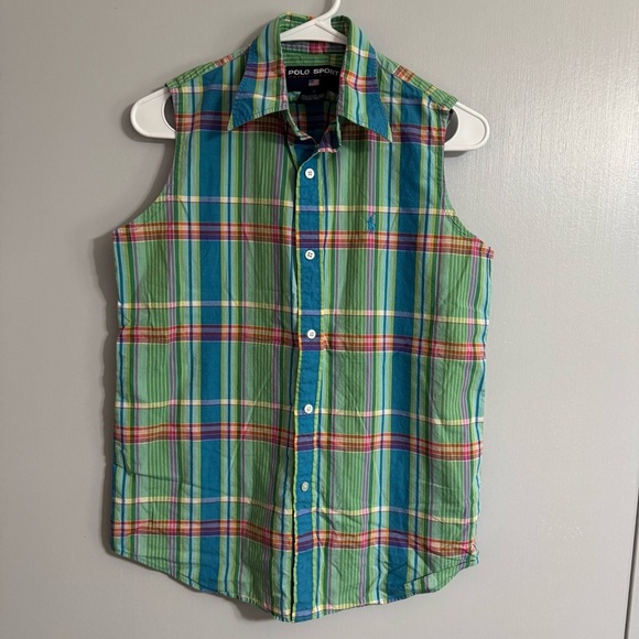 Polo Sport Ralph Lauren Green Plaid Sleeveless Button Down Shirt Size 6 - Picture 1 of 11